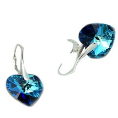 Stříbrné náušnice Swarovski bermuda blue srdce 28mm