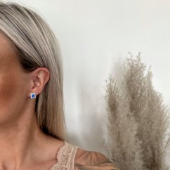 Stříbrné náušnice čtvercové s modrým opálem a zirkony stříbro 925/1000 rhodiované