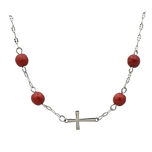 Náramek ocelový křížek a minerály červeného howlitu nastavitelný