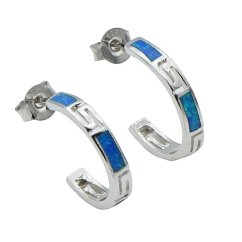 Stříbrné vzorované náušnice půlkruhy 18mm s modrým opálem rhodiované