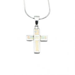 Stříbrný rhodiovaný přívěšek křížek s bílorůžovým opálem