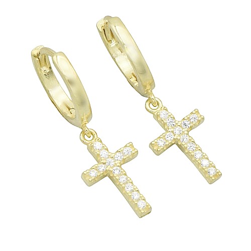 Stříbrné náušnice visací s křížkem pozlacené