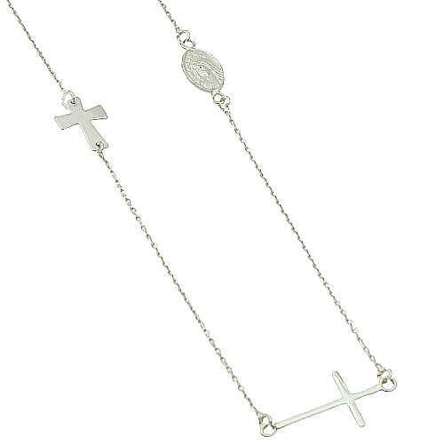 Stříbrný řetízek propojený dvěma křížky a madonou